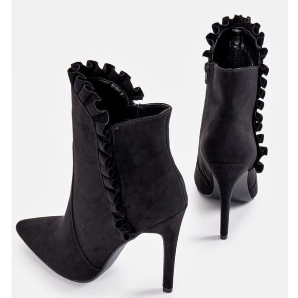 Black Faux Suede Victorian Heeled Bootie - Picture 2 of 11
